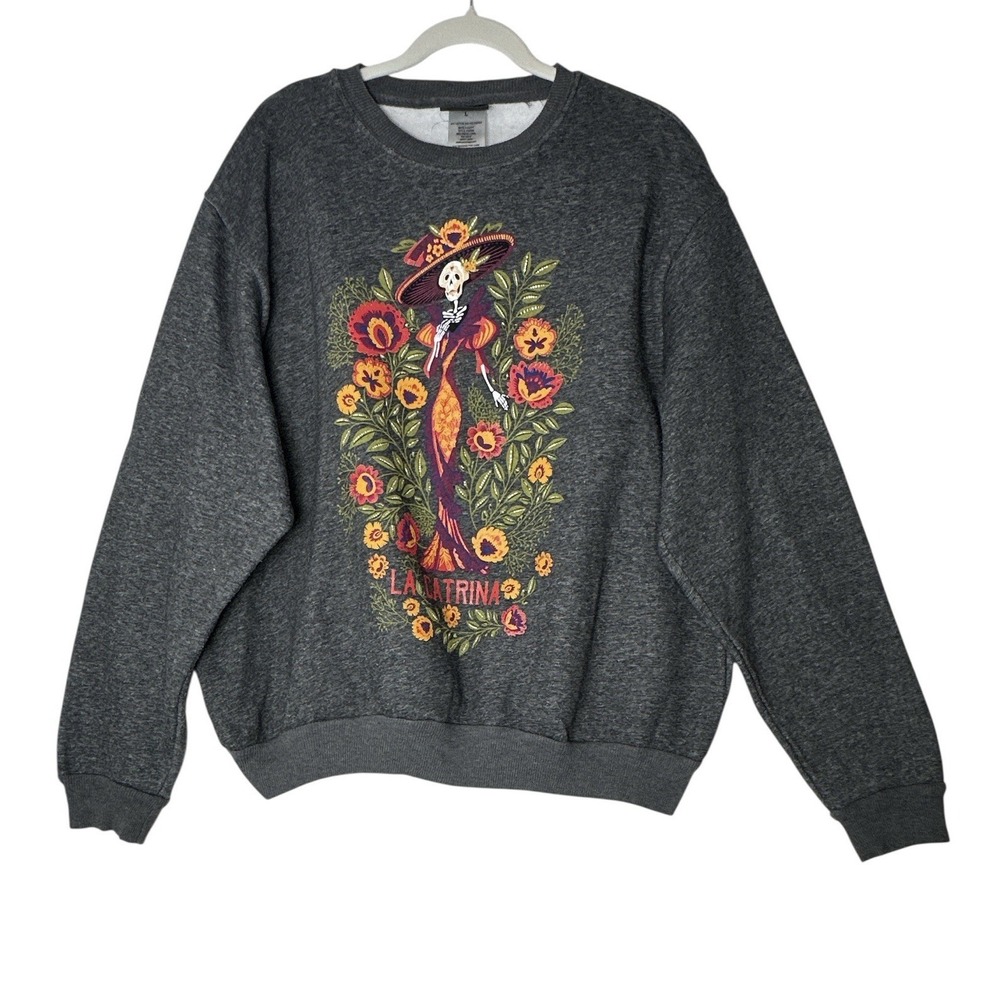Hasta Siempre Sweatshirt Women's Large Gray La Catrina Day of The Dead Oversized